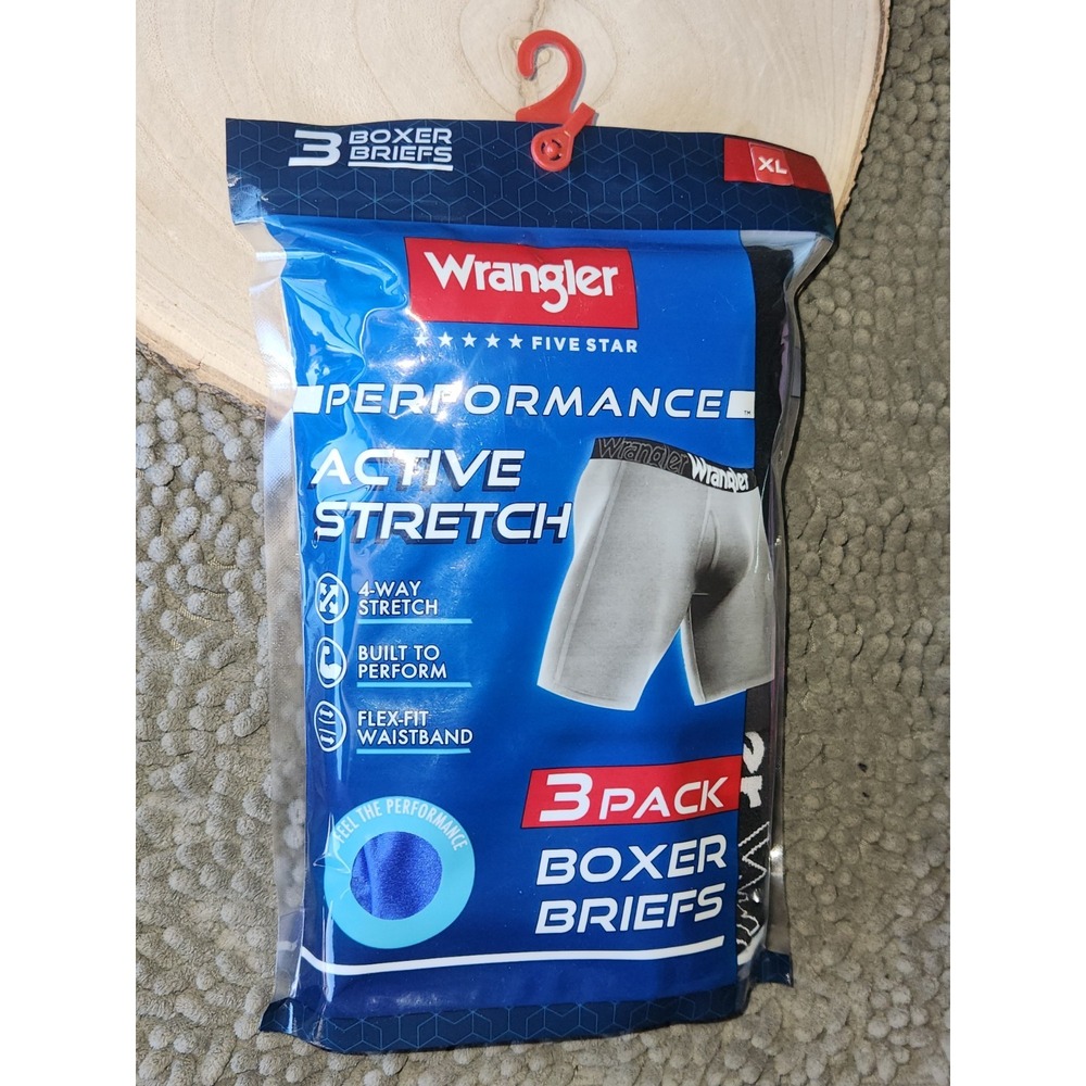 Wrangler Mens 3 Pack X-Large Performance Stretch Boxer Briefs - Black Gray Blue